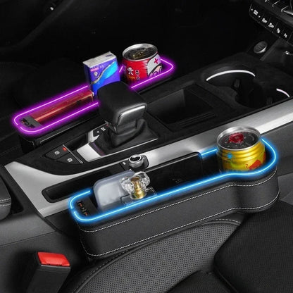HOT 2026 New Car Crevice Storage Box with 2 USB Charger Colorful LED Seat Gap Slit Pocket Seat Organizer Card Phone Bottle Cups Holder