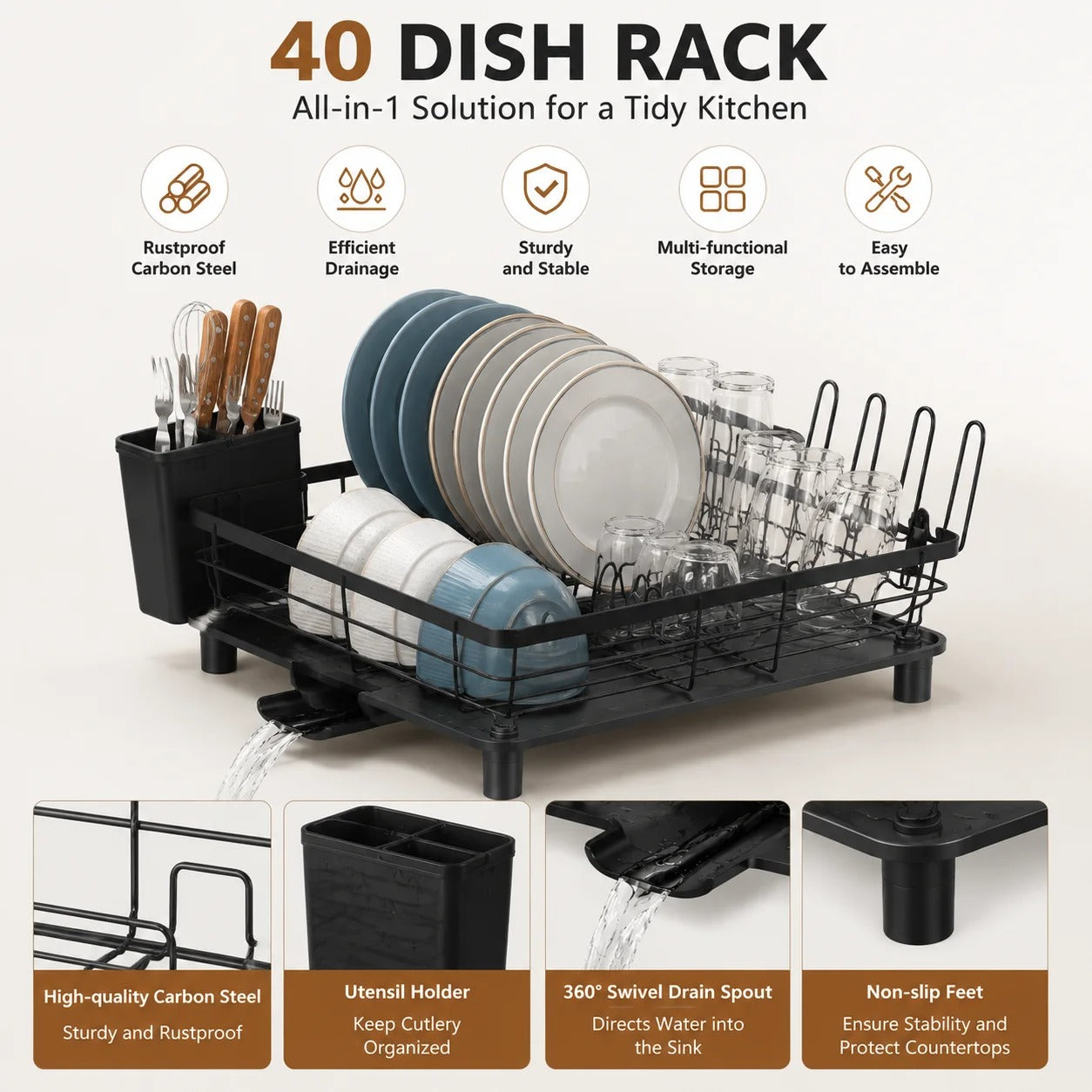 Dish Drying Rack Black 40cm Single Tier Dish Drainer Rack Kitchen Counter Dish Rack Plate Rack Stainless Steel Dish Holder Kitchen Organizer Utensil Holder