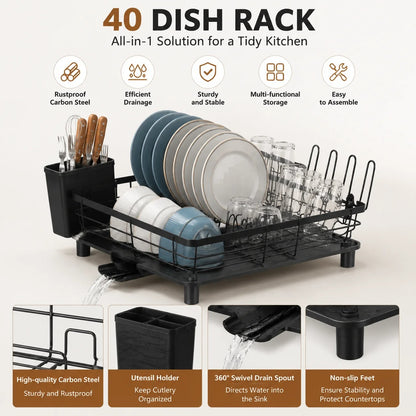 Dish Drying Rack Black 40cm Single Tier Dish Drainer Rack Kitchen Counter Dish Rack Plate Rack Stainless Steel Dish Holder Kitchen Organizer Utensil Holder