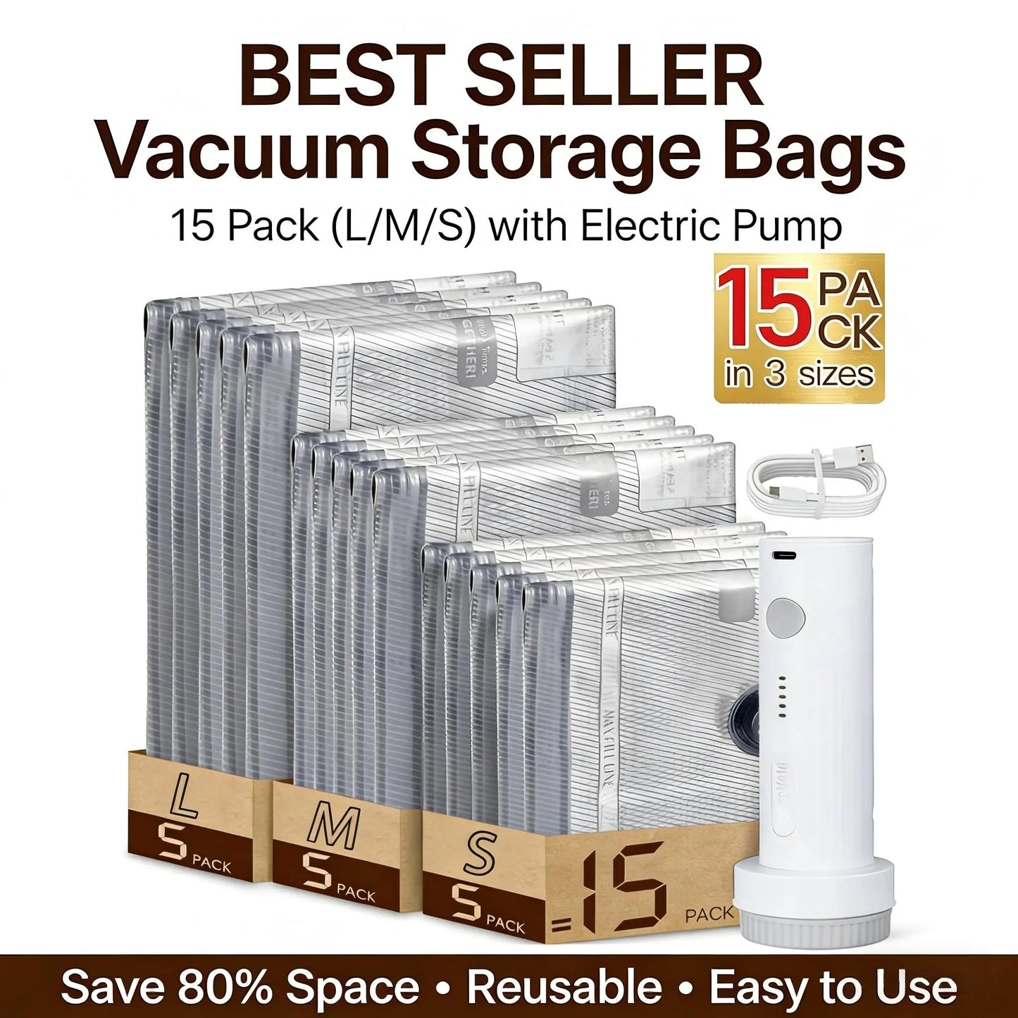 Rechargeable Vacuum Compression  Bags for Travel - 15 Pcs