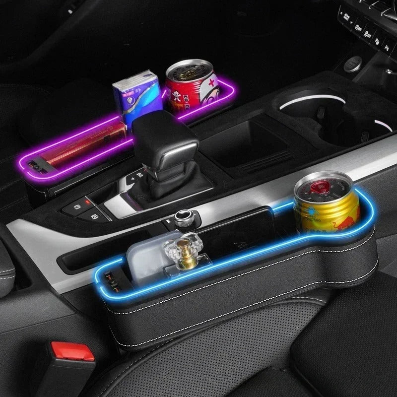 HOT 2026 New Car Crevice Storage Box with 2 USB Charger Colorful LED Seat Gap Slit Pocket Seat Organizer Card Phone Bottle Cups Holder