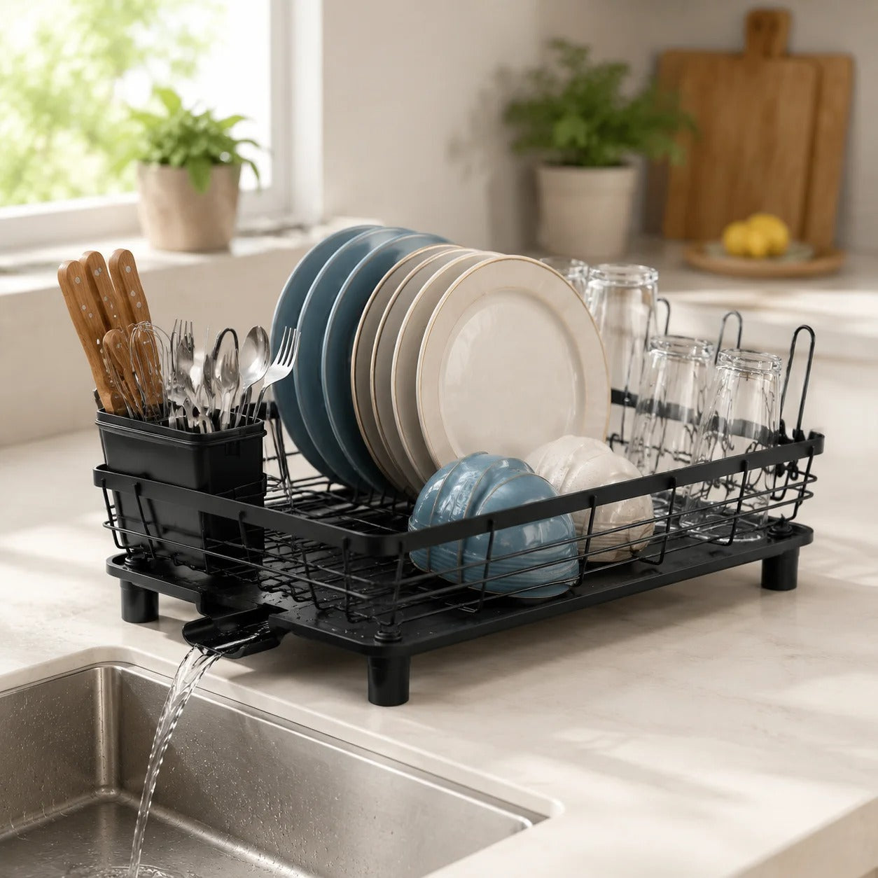 Dish Drying Rack Black 40cm Single Tier Dish Drainer Rack Kitchen Counter Dish Rack Plate Rack Stainless Steel Dish Holder Kitchen Organizer Utensil Holder