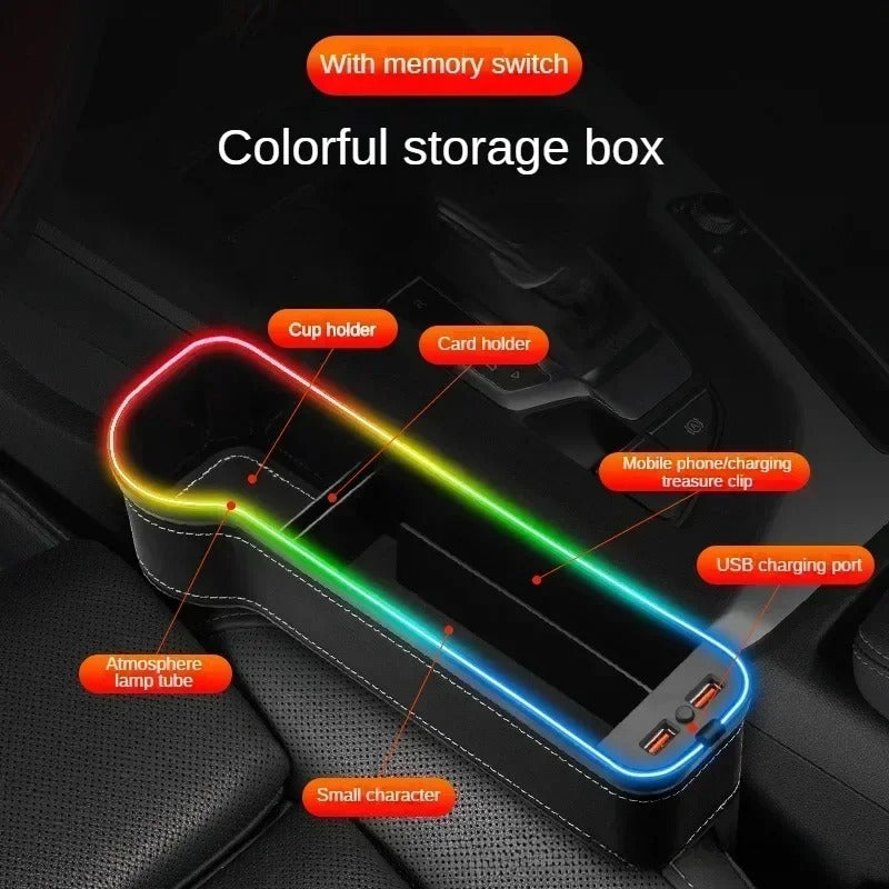 HOT 2026 New Car Crevice Storage Box with 2 USB Charger Colorful LED Seat Gap Slit Pocket Seat Organizer Card Phone Bottle Cups Holder