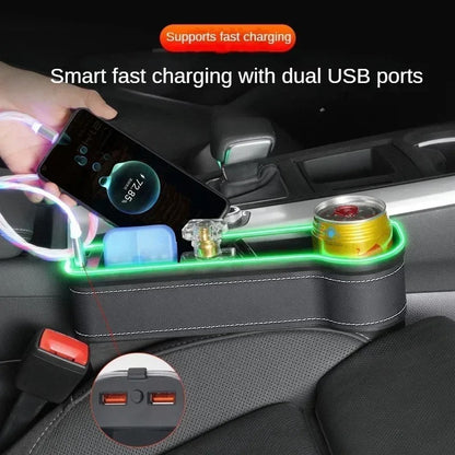 HOT 2026 New Car Crevice Storage Box with 2 USB Charger Colorful LED Seat Gap Slit Pocket Seat Organizer Card Phone Bottle Cups Holder