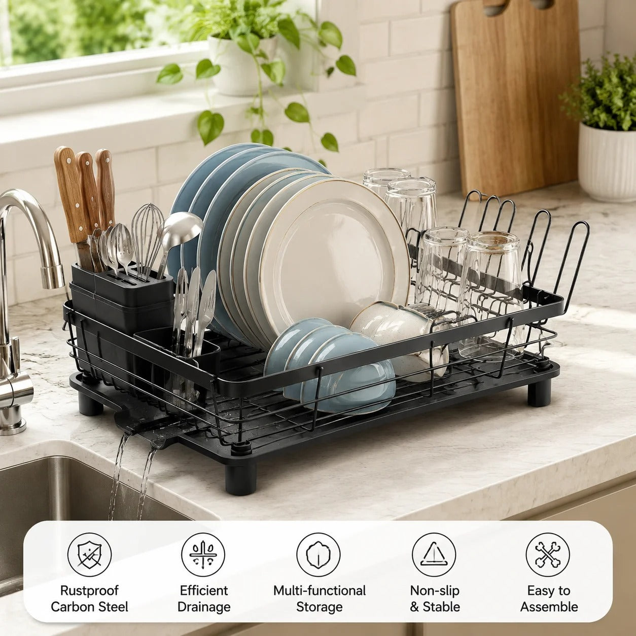 Dish Drying Rack Black 40cm Single Tier Dish Drainer Rack Kitchen Counter Dish Rack Plate Rack Stainless Steel Dish Holder Kitchen Organizer Utensil Holder