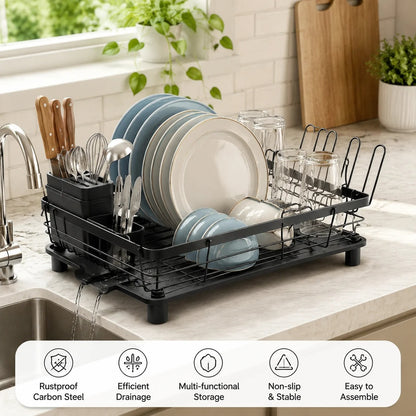 Dish Drying Rack Black 40cm Single Tier Dish Drainer Rack Kitchen Counter Dish Rack Plate Rack Stainless Steel Dish Holder Kitchen Organizer Utensil Holder