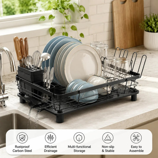 Dish Drying Rack Black 40cm Single Tier Dish Drainer Rack Kitchen Counter Dish Rack Plate Rack Stainless Steel Dish Holder Kitchen Organizer Utensil Holder