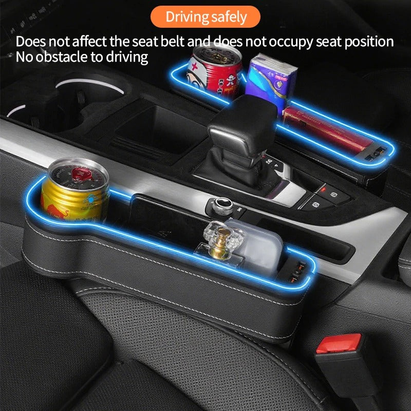 HOT 2026 New Car Crevice Storage Box with 2 USB Charger Colorful LED Seat Gap Slit Pocket Seat Organizer Card Phone Bottle Cups Holder