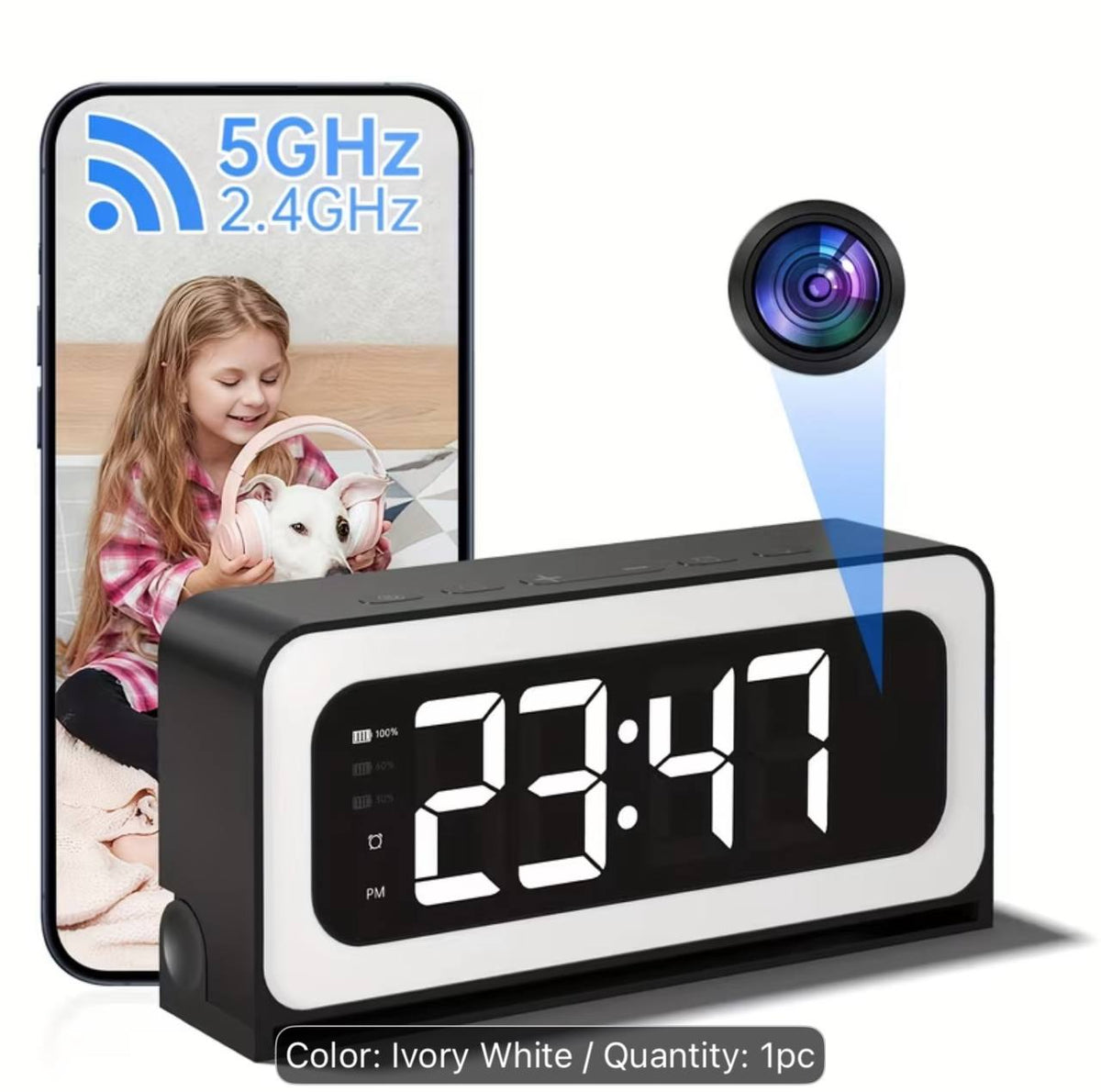 WiFi Security Camera Alarm Clock - 2K HD, Night Vision & Motion Detection