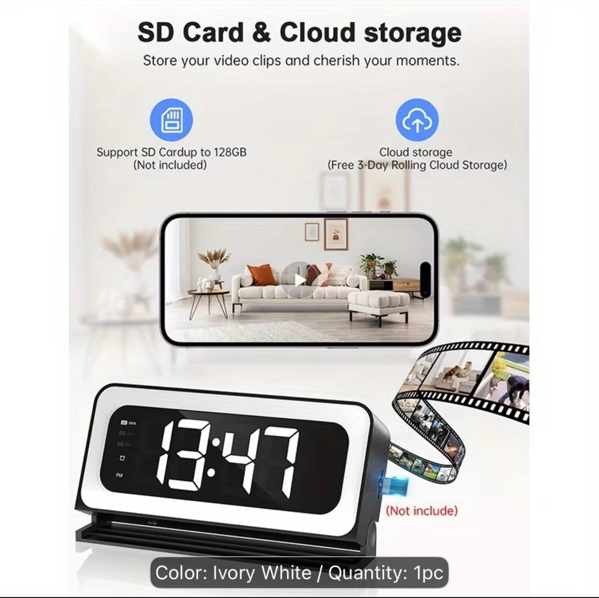 WiFi Security Camera Alarm Clock - 2K HD, Night Vision & Motion Detection