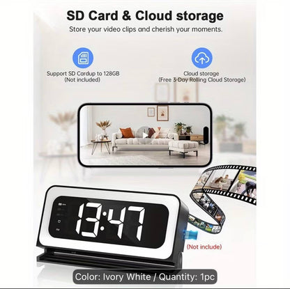 WiFi Security Camera Alarm Clock - 2K HD, Night Vision & Motion Detection