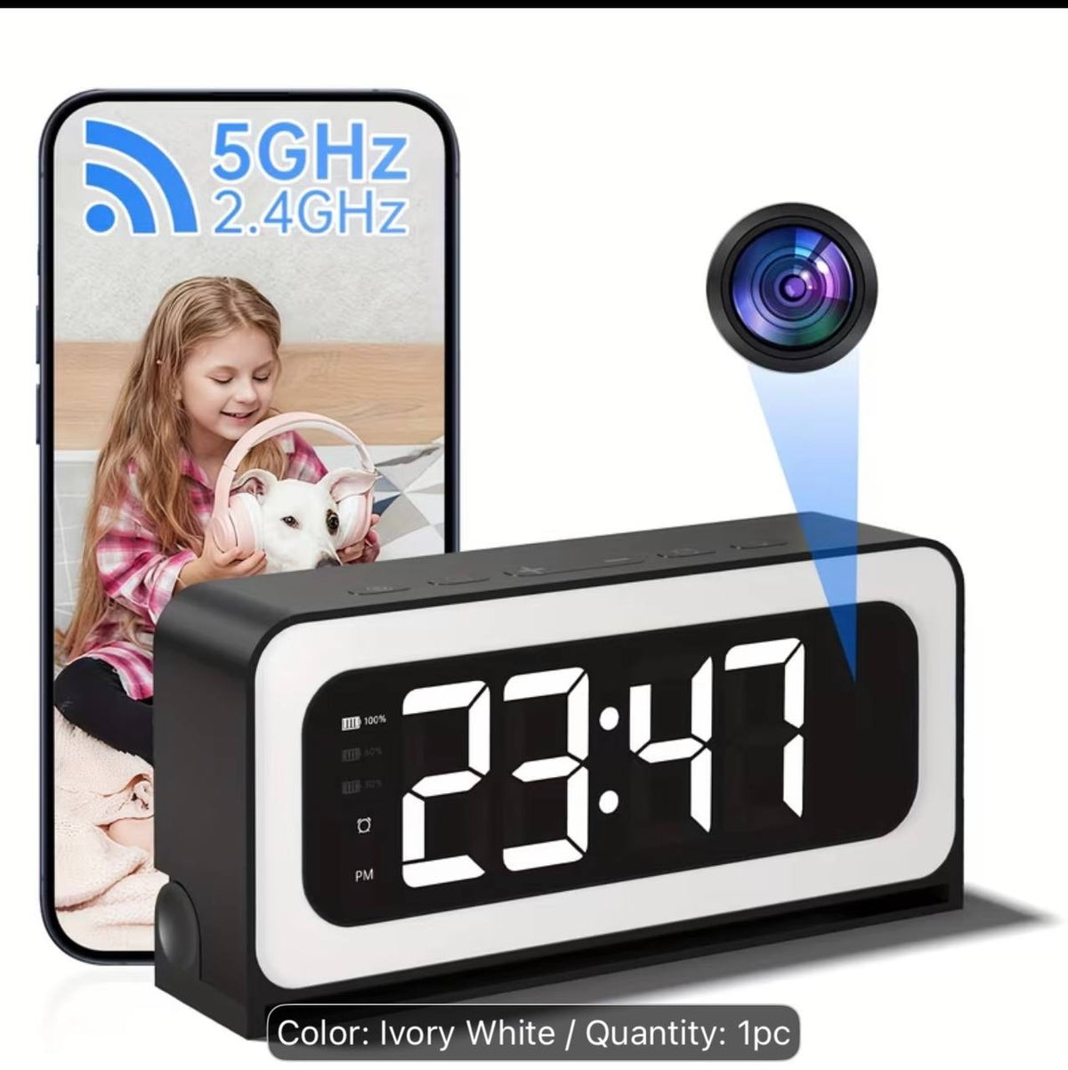 WiFi Security Camera Alarm Clock - 2K HD, Night Vision & Motion Detection